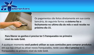 Os pagamentos são feitos diretamente em sua conta
bancária, da seguinte forma: o sistema faz o
fechamento no ultimo dia do mês e você recebe no
próximo dia 15.
Para liberar os ganhos é preciso ter 5 franqueados no primeiro
nível da rede Gold.
A qualquer momento você poderá utilizar as suas comissões para comprar produtos
em sua loja virtual ou ativar novos franqueados, neste caso não é preciso ter 5
franqueados no primeiro nível da rede Gold.

 