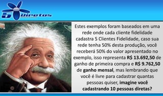 Estes exemplos foram baseados em uma
rede onde cada cliente fidelidade
cadastra 5 Clientes Fidelidade, caso sua
rede tenha 50% desta produção, você
receberá 50% do valor apresentado no
exemplo, isso representa R$ 13.692,50 de
ganho de primeira compra e R$ 9.762,50
de ganho mensal, mas lembrando que
você é livre para cadastrar quantas
pessoas quiser, imagine você
cadastrando 10 pessoas diretas?

 