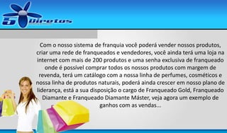 Com o nosso sistema de franquia você poderá vender nossos produtos,
criar uma rede de franqueados e vendedores, você ainda terá uma loja na
internet com mais de 200 produtos e uma senha exclusiva de franqueado
onde é possível comprar todos os nossos produtos com margem de
revenda, terá um catálogo com a nossa linha de perfumes, cosméticos e
nossa linha de produtos naturais, poderá ainda crescer em nosso plano de
liderança, está a sua disposição o cargo de Franqueado Gold, Franqueado
Diamante e Franqueado Diamante Máster, veja agora um exemplo de
ganhos com as vendas...

 