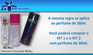 A mesma regra se aplica
ao perfume de 30ml.

Você poderá comprar o
KIT 1 e o KIT 2
com perfume de 30ml.
R$ 49,99
Custo para o franqueado: R$ 25,00.

 