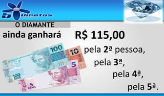 O DIAMANTE

ainda ganhará

R$ 115,00
pela 2ª pessoa,
pela 3ª,
pela 4ª,
pela 5ª.

 