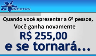 Quando você apresentar a 6ª pessoa,

Você ganha novamente

R$ 255,00

 