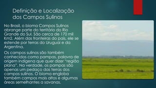 Definição e Localização
dos Campos Sulinos
No Brasil, o bioma Campos Sulinos
abrange parte do território do Rio
Grande do Sul. São cerca de 170 mil
Km2. Além das fronteiras do país, ele se
estende por terras do Uruguai e da
Argentina.
Os campos sulinos são também
conhecidos como pampas, palavra de
origem indígena que quer dizer “região
plana”. Na verdade, os pampas são
apenas um pedaço das terras dos
campos sulinos. O bioma engloba
também campos mais altos e algumas
áreas semelhantes a savanas.
 