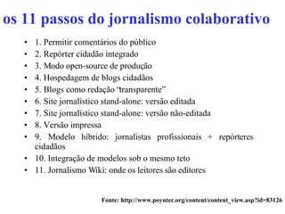 os 11 passos do jornalismo colaborativo   1. Permitir comentários do público 2. Repórter cidadão integrado 3. Modo open-source de produção 4. Hospedagem de blogs cidadãos 5. Blogs como redação “transparente” 6. Site jornalístico stand-alone: versão editada 7. Site jornalístico stand-alone: versão não-editada 8. Versão impressa 9. Modelo híbrido: jornalistas profissionais + repórteres cidadãos 10. Integração de modelos sob o mesmo teto 11. Jornalismo Wiki: onde os leitores são editores  Fonte:  http://www.poynter.org/content/content_view.asp?id=83126 