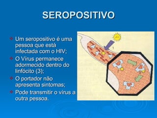 SEROPOSITIVO Um seropositivo é uma pessoa que está infectada com o HIV; O Vírus permanece adormecido dentro do linfócito (3); O portador não apresenta sintomas; Pode transmitir o vírus a outra pessoa. 