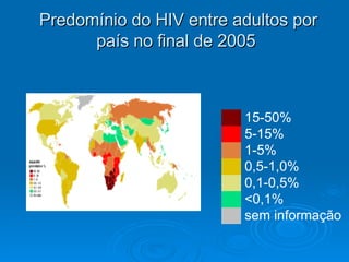 Predomínio do HIV entre adultos por país no final de 2005  ██   15-50% ██   5-15% ██   1-5% ██   0,5-1,0% ██   0,1-0,5% ██   <0,1% ██   sem informação 