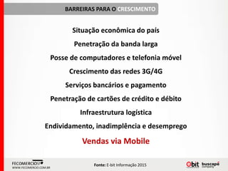 BARREIRAS PARA O CRESCIMENTO
Situação econômica do país
Penetração da banda larga
Posse de computadores e telefonia móvel
Crescimento das redes 3G/4G
Serviços bancários e pagamento
Penetração de cartões de crédito e débito
Infraestrutura logística
Endividamento, inadimplência e desemprego
Vendas via Mobile
Fonte: E-bit Informação 2015
WWW.FECOMERCIO.COM.BR
 