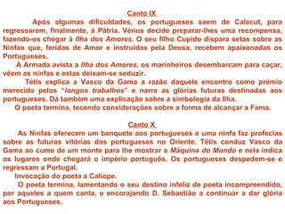 Canto IX
         Após algumas dificuldades, os portugueses saem de Calecut, para
regressarem, finalmente, à Pátria. Vénus decide preparar-lhes uma recompensa,
fazendo-os chegar à Ilha dos Amores. O seu filho Cupido dispara setas sobre as
Ninfas que, feridas de Amor e instruídas pela Deusa, recebem apaixonadas os
Portugueses.
    A Armada avista a Ilha dos Amores, os marinheiros desembarcam para caçar,
vêem as ninfas e estas deixam-se seduzir.
       Tétis explica a Vasco da Gama a razão daquele encontro como prémio
merecido pelos “longos trabalhos” e narra as glórias futuras destinadas aos
portugueses. Dá também uma explicação sobre a simbologia da Ilha.
    O poeta termina, tecendo considerações sobre a forma de alcançar a Fama.

                                   Canto X
    As Ninfas oferecem um banquete aos portugueses e uma ninfa faz profecias
sobre as futuras vitórias dos portugueses no Oriente. Tétis conduz Vasco da
Gama ao cume de um monte para lhe mostrar a Máquina do Mundo e nela indica
os lugares onde chegará o império português. Os portugueses despedem-se e
regressam a Portugal.
   Invocação do poeta a Calíope.
    O poeta termina, lamentando o seu destino infeliz de poeta incompreendido,
por aqueles a quem canta, e encorajando D. Sebastião a continuar a dar glória
aos Portugueses.
 