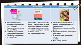 TIOPENTAL FENOBARBITAL PENTOBARBITAL
 Indução da anestesia e
manutenção a curto prazo
(5-15 minutos);
 Tratamento de emergência
das convulsões;
 Conhecido popularmente
como um soro da verdade;
 É um dos fármacos usados
na injeção letal.
• Propriedades anticonvulsivantes,
devido a sua capacidade de elevar
o limiar de convulsão. O seu uso,
hoje, está praticamente restrito
ao controle da epilepsia, indução
anestésica e UTIs;
• Tem ação prolongada (dias).
• É comum o uso para sacrifícios de
animais juntamente com outros
medicamentos;
• É usado também como anestésico
geral;
• É predominantemente metabolizado
pelo fígado;
• É também usado nos casos de
morte
assistida;
• Ação curta (1-4 horas).
 