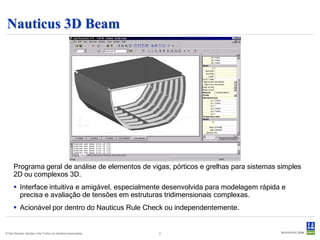 Nauticus 3D Beam




     Programa geral de análise de elementos de vigas, pórticos e grelhas para sistemas simples
     2D ou complexos 3D.
      Interface intuitiva e amigável, especialmente desenvolvida para modelagem rápida e
       precisa e avaliação de tensões em estruturas tridimensionais complexas.
      Acionável por dentro do Nauticus Rule Check ou independentemente.


© Det Norske Veritas Ltda.Todos os direitos reservados.   2
 