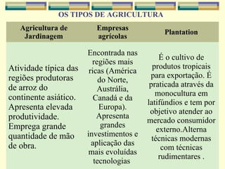 OS TIPOS DE AGRICULTURA
   Agricultura de        Empresas
                                              Plantation
    Jardinagem           agrícolas

                       Encontrada nas
                                              É o cultivo de
                         regiões mais
Atividade típica das                       produtos tropicais
                        ricas (América
regiões produtoras                        para exportação. É
                            do Norte,
de arroz do                               praticada através da
                           Austrália,
continente asiático.                        monocultura em
                          Canadá e da
                                         latifúndios e tem por
Apresenta elevada           Europa).
                                          objetivo atender ao
produtividade.             Apresenta
                                         mercado consumidor
Emprega grande               grandes
                                             externo.Alterna
quantidade de mão      investimentos e
                                           técnicas modernas
de obra.                 aplicação das
                                               com técnicas
                       mais evoluídas
                                              rudimentares .
                          tecnologias
 