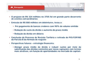 Conclusão


• O prejuízo de R$ 324 milhões no 3T05 foi em grande parte decorrente
  de eventos extraordinários
• Emissão de R$ 800 milhões em debêntures, levou a:
   • Pré pagamento de bancos credores com 90% do volume emitido
   • Redução do custo da dívida e aumento do prazo médio
   • Redução da dívida em dólares
• Conclusão do Processo de Revisão Tarifária e retirada do PIS/COFINS
  da Parcela B da fórmula de reajuste
• Perspectivas futuras - estratégia financeira:
   • Alongar prazo médio da dívida e reduzir custos por meio da
     substituição das dívidas existentes por novas captações com termos
     mais atrativos, em função de oportunidades no mercado de capitais


                                                                    19
 
