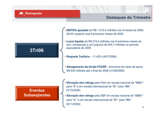 Destaques do Trimestre


               • EBITDA ajustado de R$ 1.912,4 milhões nos 9 meses de 2006,
                26,0% superior aos 9 primeiros meses de 2005

               • Lucro líquido de R$ 274,4 milhões nos 9 primeiros meses do
                 ano, comparado a um prejuízo de 204,1 milhões no período
                 equivalente de 2005
  3Tri06
               • Reajuste Tarifário – 11,45% (4/07/2006)


               • Alongamento da dívida FCESP - economia de caixa de aprox.
                 R$ 633 milhões até o final de 2008 (31/08/2006)



               • Elevação dos ratings pela Fitch em escala nacional de “BBB+”
                 para “A” e em escala internacional de “B+” para “BB-”
  Eventos        (5/10/2006)
Subseqüentes   • Elevação dos ratings pela S&P em escala nacional de “BBB+”
                para “A-” e em escala internacional de “B+” para “BB-”
                (6/11/2006)
                                                                              6
 