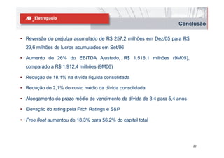 Conclusão

• Reversão do prejuízo acumulado de R$ 257,2 milhões em Dez/05 para R$
  29,6 milhões de lucros acumulados em Set/06

• Aumento de 26% do EBITDA Ajustado, R$ 1.518,1 milhões (9M05),
  comparado a R$ 1.912,4 milhões (9M06)

• Redução de 18,1% na dívida líquida consolidada

• Redução de 2,1% do custo médio da dívida consolidada

• Alongamento do prazo médio de vencimento da dívida de 3,4 para 5,4 anos

• Elevação do rating pela Fitch Ratings e S&P

• Free float aumentou de 18,3% para 56,2% do capital total




                                                                            20
 