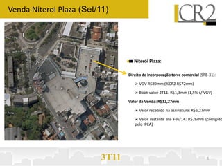 Venda Niteroi Plaza (Set/11)




                                   Niterói Plaza:

                                Direito de incorporação torre comercial (SPE-31):

                                    VGV R$89mm (%CR2 R$72mm)

                                    Book value 2T11: R$1,3mm (1,5% s/ VGV)

                                Valor da Venda: R$32,27mm

                                    Valor recebido na assinatura: R$6,27mm

                                    Valor restante até Fev/14: R$26mm (corrigido
                                   pelo IPCA)




                         3T11                                              8
 