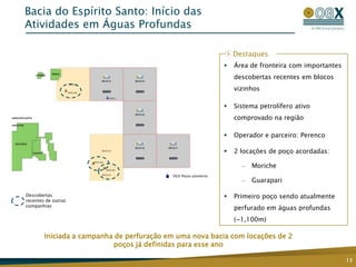 Bacia do Espírito Santo: Início das
Atividades em Águas Profundas

                                                                     Destaques
                                                                    Área de fronteira com importantes
                                                                     descobertas recentes em blocos
                                                                     vizinhos

                                                                    Sistema petrolífero ativo
                                                                     comprovado na região

                                                                    Operador e parceiro: Perenco

                                                                    2 locações de poço acordadas:

                                                                       —   Moriche
                                           OGX Poços pioneiros
                                                                       —   Guarapari

Descobertas                                                         Primeiro poço sendo atualmente
recentes de outras
companhias
                                                                     perfurado em águas profundas
                                                                     (~1,100m)

        Iniciada a campanha de perfuração em uma nova bacia com locações de 2
                           poços já definidas para esse ano

                                                                                                         13
 