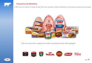 Campanha de Marketing
A JBS iniciou em outubro no estado de São Paulo uma campanha inédita de Marketing, nos principais veículos de comunicação




           Criar uma marca tem o objetivo de vender um produto de maior valor agregado




                                                                                                               PÁG.   17
 