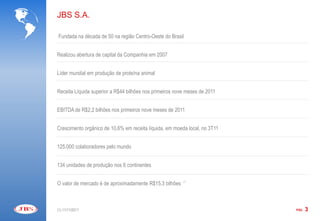 JBS S.A.

Fundada na década de 50 na região Centro-Oeste do Brasil


Realizou abertura de capital da Companhia em 2007


Líder mundial em produção de proteína animal


Receita Líquida superior a R$44 bilhões nos primeiros nove meses de 2011


EBITDA de R$2,2 bilhões nos primeiros nove meses de 2011


Crescimento orgânico de 10,6% em receita líquida, em moeda local, no 3T11


125.000 colaboradores pelo mundo


134 unidades de produção nos 6 continentes


O valor de mercado é de aproximadamente R$15,3 bilhões
                                                         (1)




(1) 11/11/2011                                                              PÁG.   3
 