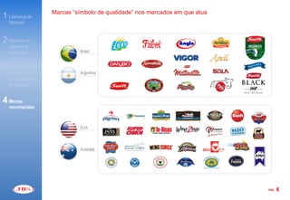 Marcas “símbolo de qualidade” nos mercados em que atua
1 Liderança de
   Mercado


2 Histórico de
   sucesso em
   aquisições               Brasil


3 Diversificação
   geográfica e             Argentina
   nos segmentos
   de atuação


4 Marcas
   reconhecidas



                            EUA



                            Austrália




                                                                            PÁG.   6
 
