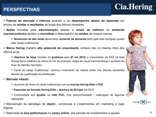 PERSPECTIVAS

 Fatores de mercado e internos levaram a um desempenho abaixo do esperado em
termos de vendas e resultados ao longo dos últimos trimestres
 Ações tomadas pela administração aliadas a sinais de melhora no ambiente
macroeconômico tendem a normalizar o desempenho de vendas de nossas marcas
      Showroom de alto verão demonstrou aumento de demanda tanto pela rede franquias quanto
     pelo varejo multimarcas

 Marca Hering mantém alto potencial de crescimento, embora não no mesmo ritmo dos
últimos anos:
      Abertura de lojas (revisão do guidance para 87 em 2012) e crescimento de SSS na rede
     Hering Store (melhora da oferta do mix de produtos, ações de visual merchandising e aumento do
     fluxo de clientes nas lojas)

      Canal de varejo multimarcas: contínuo incremento de market share nos clientes existentes
     através da qualificação da distribuição.

 Mercado infantil:
      Aumento de share no canal multimarcas com as marcas Hering Kids e PUC
      Expansão do formato Hering Kids – abertura de 20 lojas em 2012

      Continuidade aos ajustes na rede PUC, com descontinuidade / realocação de algumas
     operações

 Manutenção da estratégia da dzarm., combinada à investimentos em marketing e lojas
flagship
 Retomada de boa performance no varejo online, pós período de investimentos e ajustes                14
 