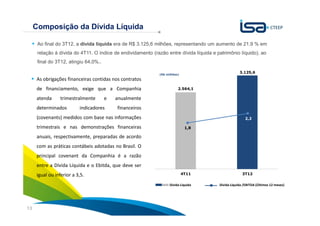 Composição da Dívida Líquida

      Ao final do 3T12, a dívida líquida era de R$ 3.125,6 milhões, representando um aumento de 21,9 % em
      relação à dívida do 4T11. O índice de endividamento (razão entre dívida líquida e patrimônio líquido), ao
      final do 3T12, atingiu 64,0%..

                                                                                                     3.125,6
                                                       3.151,0   (R$ milhões)
     As obrigações financeiras contidas nos contratos
                                                       2.801,0
     de financiamento, exige que a Companhia                                2.564,1
                                                       2.451,0
     atenda      trimestralmente       e   anualmente
     determinados         indicadores      financeiros2.101,0
     (covenants) medidos com base nas informações1.751,0                                                 2,2

     trimestrais e nas demonstrações financeiras1.401,0                          1,8

     anuais, respectivamente, preparadas de acordo1.051,0
     com as práticas contábeis adotadas no Brasil. O    701,0

     principal covenant da Companhia é a razão          351,0

     entre a Dívida Líquida e o Ebitda, que deve ser
                                                           1,0
     igual ou inferior a 3,5.                                                   4T11                   3T12

                                                                       Dívida Líquida    Dívida Líquida /EBITDA (Últimos 12 meses)



                                                                                                       Sua energia
13                                                                                                     NOS INSPIRA
 