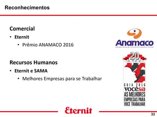 Reconhecimentos
33
Comercial
• Eternit
• Prêmio ANAMACO 2016
Recursos Humanos
• Eternit e SAMA
• Melhores Empresas para se Trabalhar
 