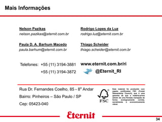 Mais Informações
34
Telefones: +55 (11) 3194-3881
+55 (11) 3194-3872
Este material foi produzido com
papéis certificados FSC (Forest
Stewardship Council), que é uma
garantia de que a matéria-prima
advém de uma floresta manejada de
forma ecologicamente correta,
socialmente e economicamente
viável.
www.eternit.com.br/ri
Nelson Pazikas
nelson.pazikas@eternit.com.br
Paula D. A. Barhum Macedo
paula.barhum@eternit.com.br
Rodrigo Lopes da Luz
rodrigo.luz@eternit.com.br
@Eternit_RI
Rua Dr. Fernandes Coelho, 85 - 8⁰ Andar
Bairro: Pinheiros – São Paulo / SP
Cep: 05423-040
Thiago Scheider
thiago.scheider@eternit.com.br
 
