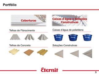 Portfólio
5
Caixas d’água e Soluções
Construtivas
Coberturas
Telhas de Concreto
Telhas de Fibrocimento
Soluções Construtivas
Caixas d’água de polietileno
 
