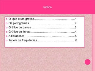 Indice O que e um gráfico……………………………..…..…1Os pictogramas.……………................…......…….....2Gráfico de barras …………………………………..….3Gráfico de linhas………………………………...…..…4A Estatística………………………...……………..……5Tabela de frequências……………………………….…6