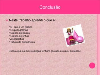 Neste trabalho aprendi o que é:Conclusão * O que e um gráfico * Os pictogramas * Gráfico de barras * Gráfico de linhas * A Estatística * Tabela de frequências Espero que os meus colegas tenham gostado e o meu professor.