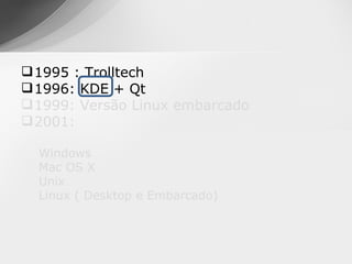  1995 : Trolltech
 1996: KDE + Qt
 1999: Versão Linux embarcado
 2001:

  Windows
  Mac OS X
  Unix
  Linux ( Desktop e Embarcado)
 