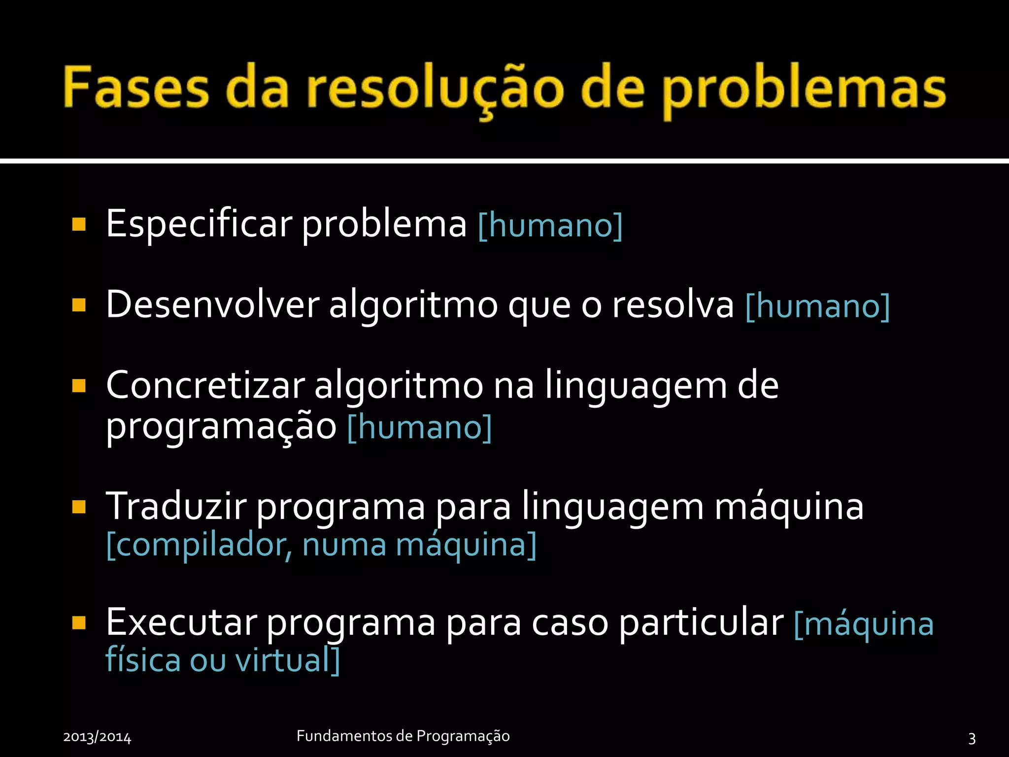 Especificar problema [humano]
 Desenvolver algoritmo que o resolva [humano]
 Concretizar algoritmo na linguagem de
programação [humano]
 Traduzir programa para linguagem máquina
[compilador, numa máquina]
 Executar programa para caso particular [máquina
física ou virtual]
2013/2014 Fundamentos de Programação 33
 