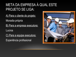 META DA EMPRESA À QUAL ESTE
PROJETO SE LIGA:
A) Para o cliente do projeto:
Moradia própria
B) Para a empresa executora:
Lucros
C) Para a equipe executora:
Experiência profissional
 