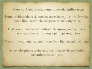 Cereais: Arroz, aveia, centeio, cevada, milho, trigo

Frutas ácidas: abacaxi, ameixa, acerola, caju, cidra, laranja,
     limão, lima, marmelo, nêspera, romã, tangerina.

  Frutas semi-ácidas: carambola, diospiro, goiaba, maçã,
      maracujá, manga, morango, pêra, pêssego, uva

Frutas doces: banana, cana-de-açúcar, ﬁgo, mamão, tâmara

  Frutas oleaginosas: abacate, azeitona, avelã, amêndoa,
                 castanhas, coco, nozes
 