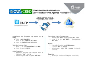 Financiamento Reembolsável
Descentralizado via Agentes Financeiros
Agentes Financeiros: Bancos de
Desenvolvimento, Bancos Estaduais e
Agências Estaduais do fomento)
Classificação das Empresas (de acordo com a
ROB):
 Porte I: Até R$3,6MM
 Porte II: R$3,6MM até R$16MM
 Porte III: R$16MM até R$90MM
Valor dos Projetos (R$):
 Porte I e II: entre R$150 Mil e R$2MM
 Porte III: até R$10MM
Custo Financeiro:
 Empresas sediadas nas regiões Norte e
Nordeste: TJLP – 1,5%
 Demais regiões: TJLP (aprox. 5% a.a.)
Participação FINEP/Contrapartida:
 Porte I : até 90% - Contrapartida Mín.10%
 Porte II e III: até 80% - Contrapartida
Mín.20%
Prazos:
 Execução: Projetos de até 24 meses
 Carência: Até 24 meses
 Amortização: Até 96 meses (incluindo
carência)
Garantias:
 Usuais (De acordo com o Agente Financeiro).
 