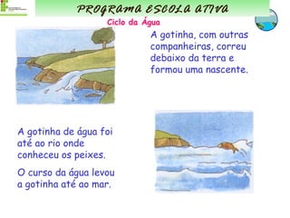 A gotinha, com outras companheiras, correu debaixo da terra e formou uma nascente. A gotinha de água foi até ao rio onde conheceu os peixes. O curso da água levou a gotinha até ao mar. PROGRAMA ESCOLA ATIVA Ciclo da Água 