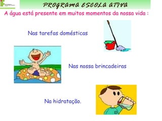 Nas tarefas domésticas Nas nossa brincadeiras   Na hidratação. PROGRAMA ESCOLA ATIVA A água está presente em muitos momentos da nossa vida : 