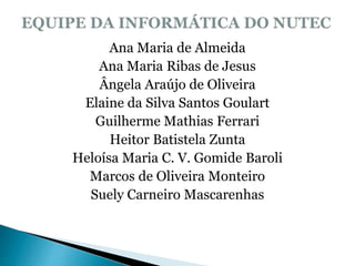 Ana Maria de Almeida
Ana Maria Ribas de Jesus
Ângela Araújo de Oliveira
Elaine da Silva Santos Goulart
Guilherme Mathias Ferrari
Heitor Batistela Zunta
Heloísa Maria C. V. Gomide Baroli
Marcos de Oliveira Monteiro
Suely Carneiro Mascarenhas
 