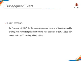  SHARES OFFERING:
On February 16, 2017, the Company announced the end of its primary public
offering with restricted placement efforts, with the issue of 254,412,800 new
shares, at R$16.00, totaling R$4.07 billion.
Subsequent Event
 