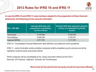 2013 Rules for IFRS 10 and IFRS 11

  In case the IFRS 10 and IFRS 11 rules had been adopted for the preparation of these financial
  statements, the following are the amounts estimated:


                                                          Selected 2012 data with        Selected 2012 data estimated using the
       2012 - (R$ '000)                                  proportional consolidation        criteria of consolidation by Equity
                                                              (current criteria)                         Income

       Total assets                                                14,305,826                          12,502,803
       Total liabilities                                           10,943,494                          9,140,474
       Adjusted EBITDA                                              3,271,783                          3,117,428

       IFRS 10 - Consolidated Financial Statements: New definition and additional control guidelines.

       IFRS 11 - Jointly Controlled: jointly controlled companies shall be classified as joint ventures and will be
       registered using the equity accounting method.


      Which companies will be consolidated by the equity accounted method as from 2013:
      Renovias, STP, Airports, ViaQuatro, Controlar and Transolímpica.



                                                             Net income for the period and net equity would not have been affected.
                                                                                                                                  18
1 International   Airports of Quito, San José and Curaçao.
 