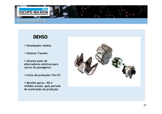 NOVOS PROJETOS




          DENSO
   • Estampados médios

   • Sistema Transfer

   • Girante polar de
   alternadores elétricos para
   carros de passageiros

   • Início de produção: Fev-07

   • Receita aprox.: R$ 6
   milhões anuais, após período
   de aceleração da produção




                                  25
 