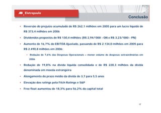Conclusão

•   Reversão do prejuízo acumulado de R$ 262,1 milhões em 2005 para um lucro líquido de
    R$ 373 4 milhões em 2006
       373,4 ilhõ

•   Dividendos propostos de R$ 130,4 milhões (R$ 2,94/’000 - ON e R$ 3,23/’000 - PN)

•   Aumento de 16 7% do EBITDA Ajustado passando de R$ 2 134 0 milhões em 2005 para
               16,7%           Ajustado,               2.134,0
    R$ 2.490,8 milhões em 2006:

     •   Redução de 7,6% das Despesas Operacionais – menor volume de despesas extraordinárias em
         2006

•   Redução de 19,8% na dívida líquida consolidada e de R$ 228,3 milhões da dívida
    denominada em moeda estrangeira
    d    i d         d    t     i

•   Alongamento do prazo médio da dívida de 3,7 para 5,5 anos

•   Elevação dos ratings pela Fitch Ratings e S&P

•   Free float aumentou de 18,3% para 56,2% do capital total




                                                                                            17
 