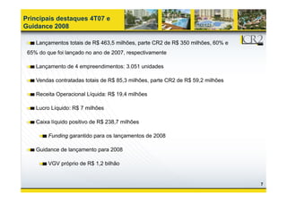 Principais destaques 4T07 e
Guidance 2008

    Lançamentos totais de R$ 463,5 milhões, parte CR2 de R$ 350 milhões, 60% e
 65% do que foi lançado no ano de 2007, respectivamente
        q          ç                  ,    p

    Lançamento de 4 empreendimentos: 3.051 unidades

    Vendas contratadas totais de R$ 85,3 milhões, parte CR2 de R$ 59,2 milhões
                                  $                             $

    Receita Operacional Líquida: R$ 19,4 milhões

    Lucro Líquido: R$ 7 milhões

    Caixa líquido p
            q     positivo de R$ 238,7 milhões
                               $    ,

         Funding garantido para os lançamentos de 2008

    Guidance de lançamento para 2008

         VGV próprio de R$ 1,2 bilhão


                                                                                 7
 