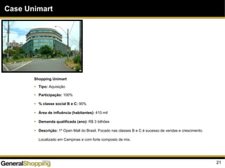 21
Case Unimart
Shopping Unimart
Tipo: Aquisição
Participação: 100%
% classe social B e C: 90%
Área de influência (habitantes): 410 mil
Demanda qualificada (ano): R$ 3 bilhões
Descrição: 1º Open Mall do Brasil. Focado nas classes B e C é sucesso de vendas e crescimento.
Localizado em Campinas e com forte composto de mix.
 