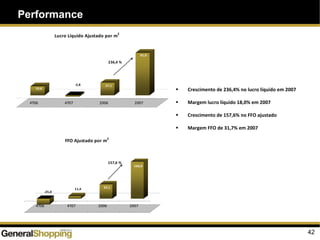 42
Performance
Crescimento de 236,4% no lucro líquido em 2007
Margem lucro líquido 18,0% em 2007
Crescimento de 157,6% no FFO ajustado
Margem FFO de 31,7% em 2007
4T06 4T07 2006 2007
-25,0
11,4 62,1
160,0
-50,0
0,0
50,0
100,0
150,0
200,0
4T06 4T07 2006 2007
FFO Ajustado por m2
157,6 %
'
4T06 4T07 2006 2007
19,6
-2,8 27,1
91,0
-20,0
0,0
20,0
40,0
60,0
80,0
100,0
4T06 4T07 2006 2007
Lucro Líquido Ajustado por m2
236,4 %
 