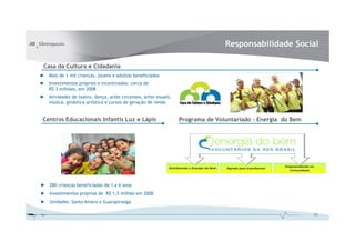 Responsabilidade Social

 Casa da Cultura e Cidadania
► Mais de 1 mil crianças, jovens e adultos beneficiados
► Investimentos próprios e incentivados: cerca de
  R$ 3 milhões, em 2008
► Atividades de teatro, dança, artes circenses, artes visuais,
  música, ginástica artística e cursos de geração de renda


 Centros Educacionais Infantis Luz e Lápis                       Programa de Voluntariado - Energia do Bem




► 280 crianças beneficiadas de 1 a 6 anos
► Investimentos próprios de R$ 1,5 milhão em 2008
► Unidades: Santo Amaro e Guarapiranga

                                                                                                             20
 