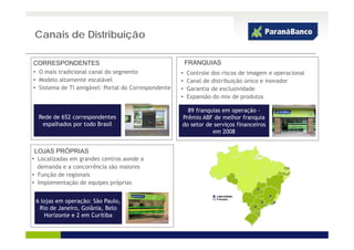 Canais de Distribuição
                    ç

CORRESPONDENTES                                              FRANQUIAS
• O mais tradicional canal do segmento                   •   Controle dos riscos de imagem e operacional
• Modelo altamente escalável                             •   Canal de distribuição único e inovador
• Sistema de TI amigável: Portal do Correspondente       •   Garantia de exclusividade
                                                         •   Expansão do mix de produtos

                                                           89 franquias em operação -
  Rede de 652 correspondentes                            Prêmio ABF de melhor franquia
   espalhados por todo Brasil                            do setor de serviços financeiros
                                                                    em 2008

                                                     7
LOJAS PRÓPRIAS
 OJ S   Ó    S
• Localizadas em grandes centros aonde a
  demanda e a concorrência são maiores
• Função de regionais
• Implementação de equipes próprias


 6 lojas em operação: São Paulo,
  Rio de Janeiro, Go â a, Belo
     o    Ja e o, Goiânia, elo
    Horizonte e 2 em Curitiba
 