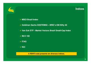 Índices



MSCI Brazil Index

Goldman Sachs GSSTEM50 – BRIC’s EM Nifty 50

Van Eck ETF - Market Vectors Brazil Small-Cap Index

IBrX 100

ITAG

IGC


       A RENT3 está presente em diversos índices.


                                                                29
 