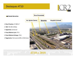 Destaques 4T10


                                             Terra Encantada
    Venda Barrartes

                                  Av. Ayrton Senna     Barrartes   Hospital Unimed

Área Privativa: 27.000 m2

VGV: R$ 240 milhões

Segmento: Comercial

Prazo Máximo Lçto: 2T11

Prazo Máximo Entrega: 2T14

Pagamento: Permuta de 40% s/ VGV bruto




                                         4T10 e 2010                                 5
 