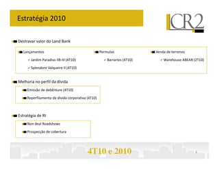 Estratégia 2010

Destravar valor do Land Bank

   Lançamentos                                     Permutas               Venda de terrenos

       Jardim Paradiso IIB-III (4T10)                  Barrartes (4T10)       Warehouse ABEAR (2T10)

       Splendore Valqueire II (4T10)


Melhoria no perfil da dívida
     Emissão de debênture (4T10)

     Reperfilamento da dívida corporativa (4T10)



Estratégia de RI
     Non deal Roadshows

     Prospecção de cobertura




                                          4T10 e 2010                                          8
 